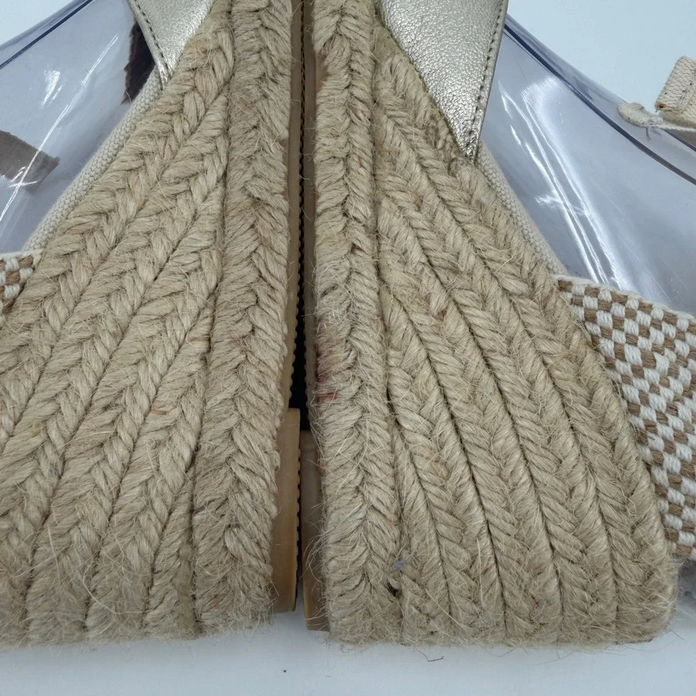 Boden Metallic Gold Espadrille Wedges Ribbon Ankle Tie Made in Spain Size 38
